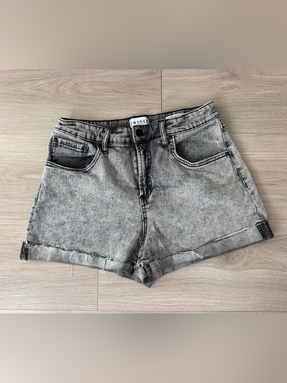 RAYE Grey Acid-Wash High-Rise Denim Shorts